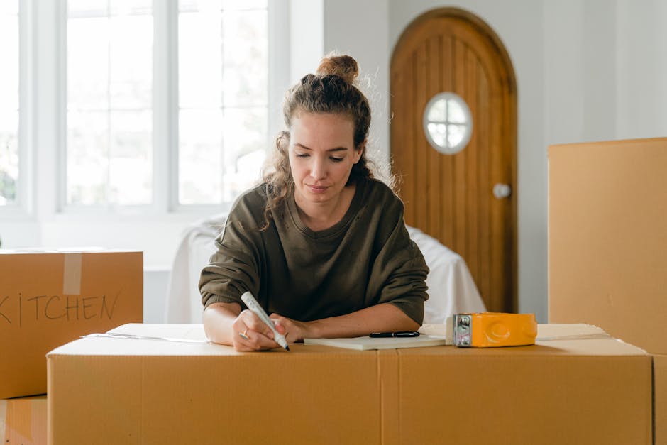 A man and woman sit on the floor beside a bed in a bedroom filled with cardboard boxes and packing materials, indicating an ongoing house move. The man, wearing a black t-shirt and beige trousers, has